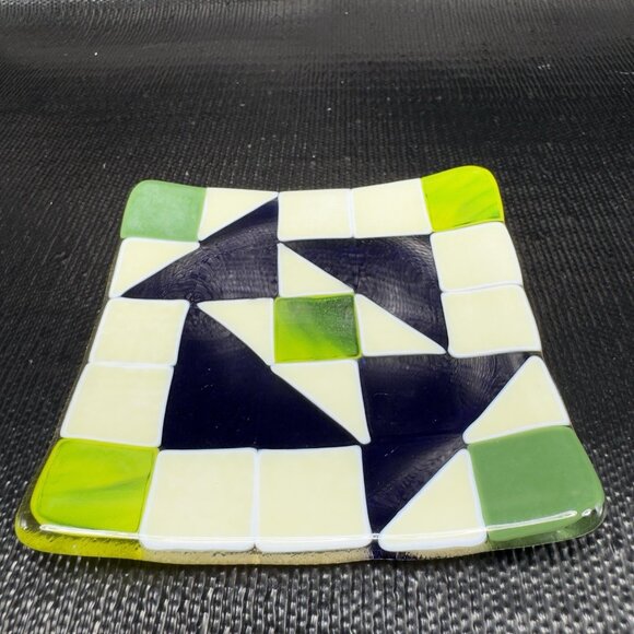 Hand Made Geometric Square Fused Glass Dish Plate Artist Signed Multicolored VTG - Picture 14 of 15